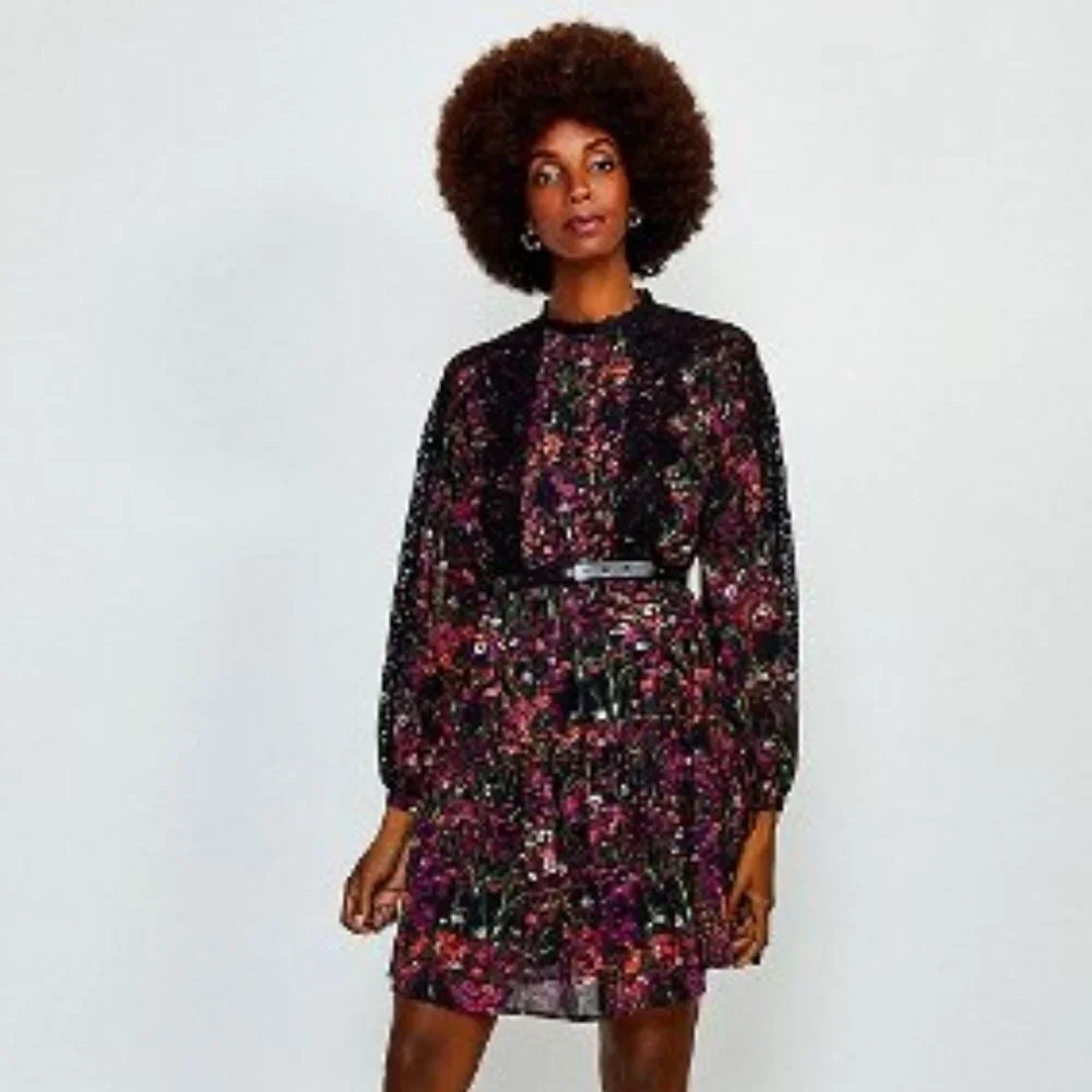 Karen Millen Floral 2 Pc. Lace Pleated Baby Doll Ruffle Georgette Dress Size 12